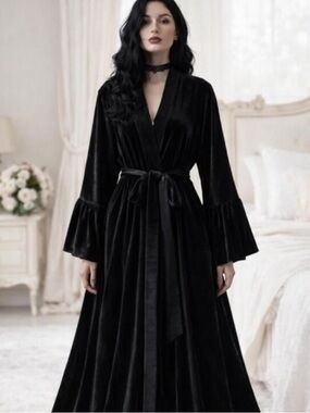 Whimsigoth Black Velvet Robe Kimono Sexy Lingerie Burlesque Vintage Style Long